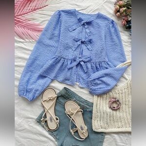 Blue Gingham Top with Bow Accents